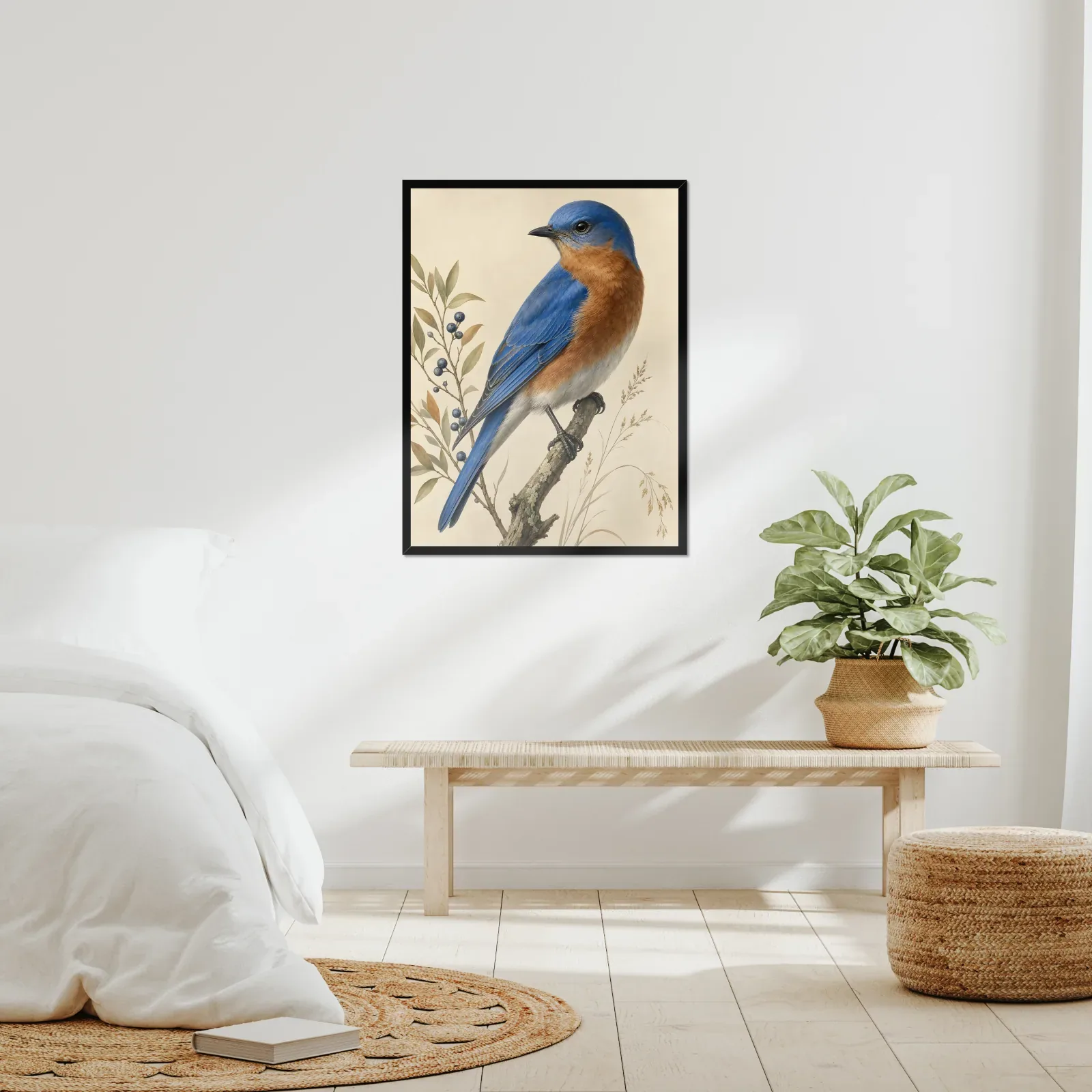 Western Bluebird Print framed at 24x30 inches, shown on a wall to scale