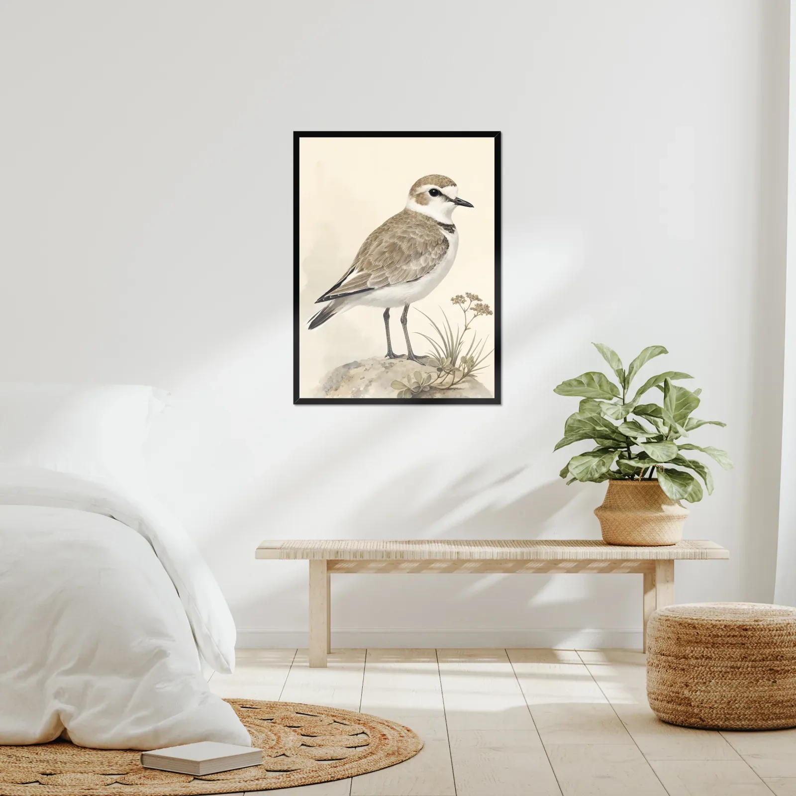 Western Snowy Plover Print framed at 24x30 inches, shown on a wall to scale