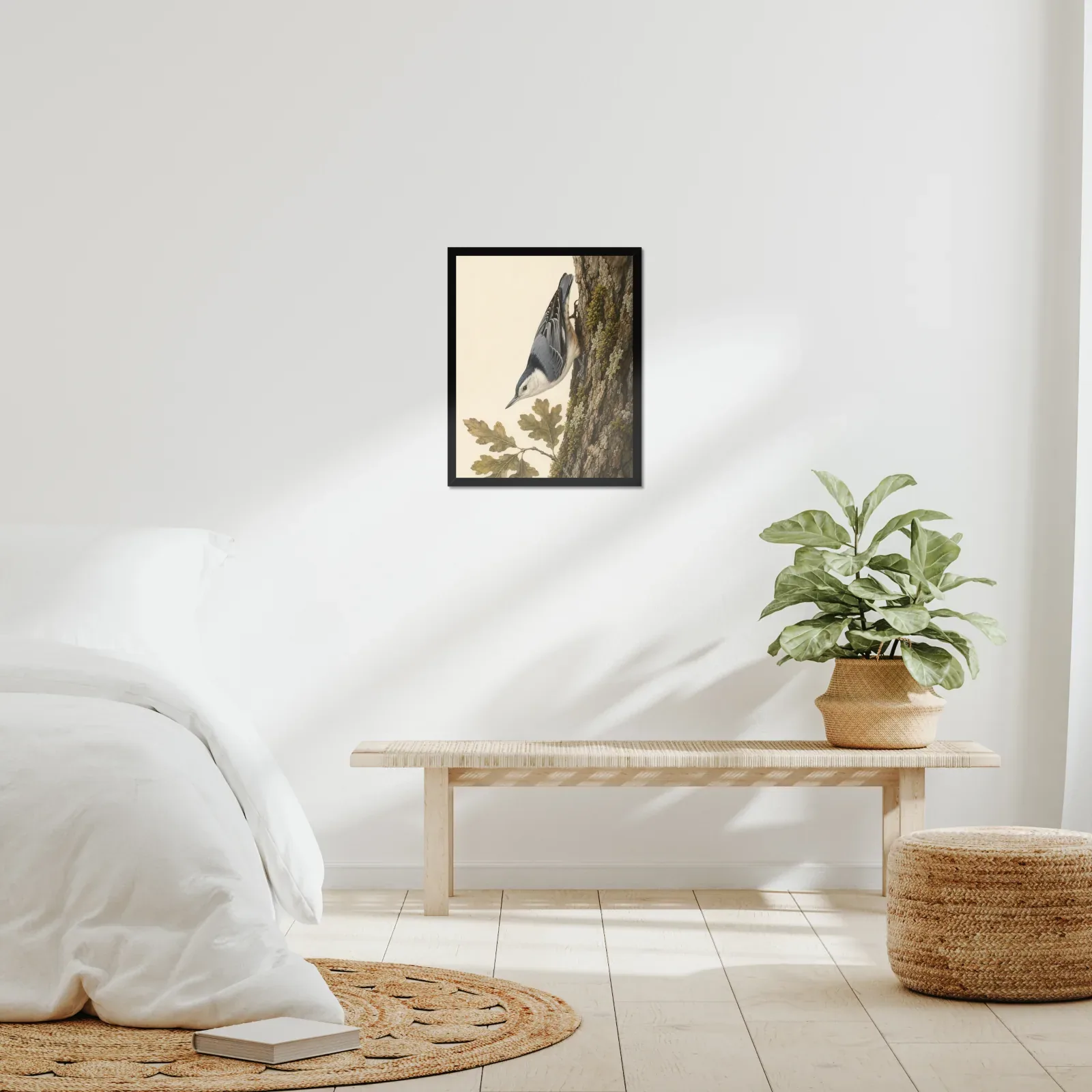 White-breasted Nuthatch Print framed at 16x20 inches, shown on a wall to scale