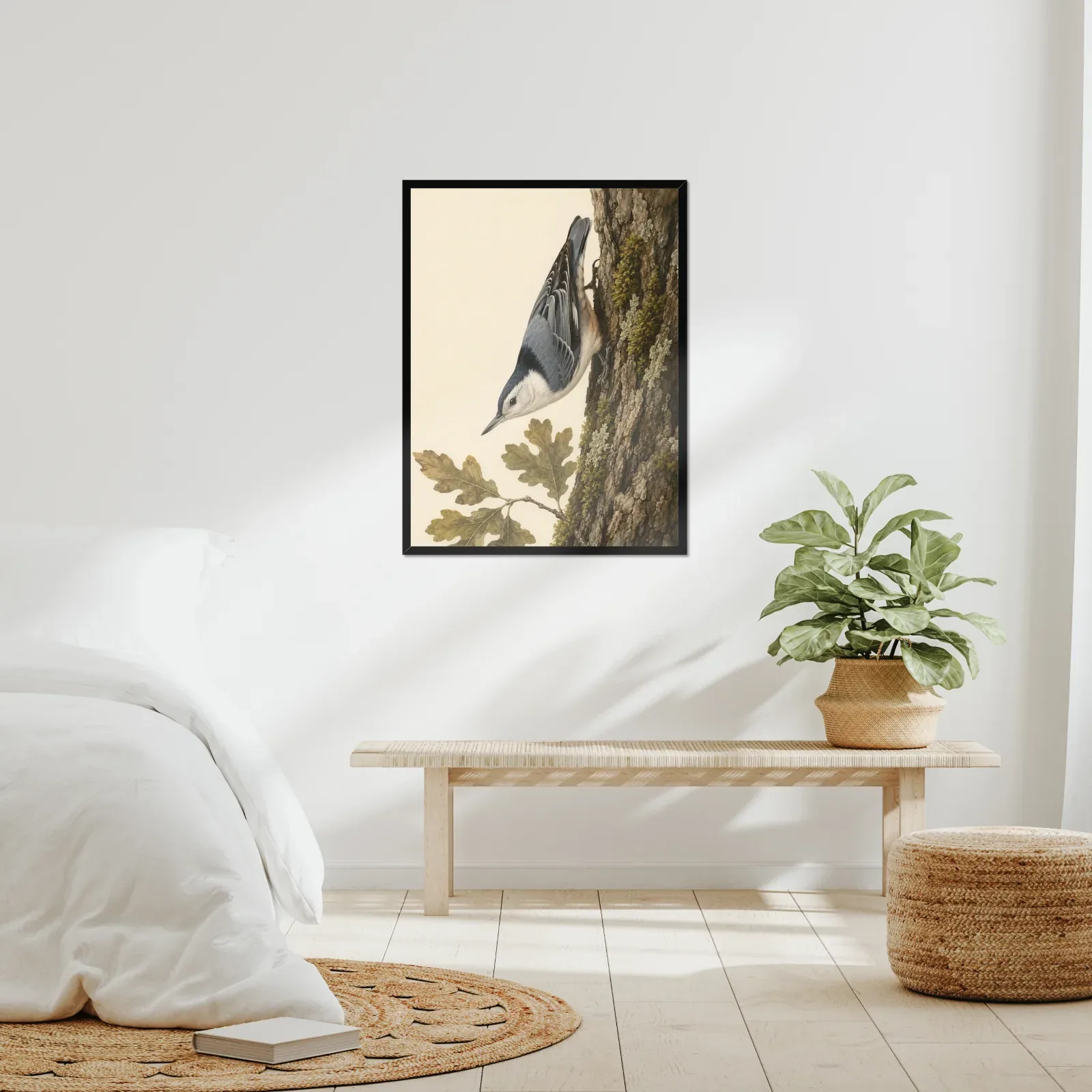 White-breasted Nuthatch Print framed at 24x30 inches, shown on a wall to scale