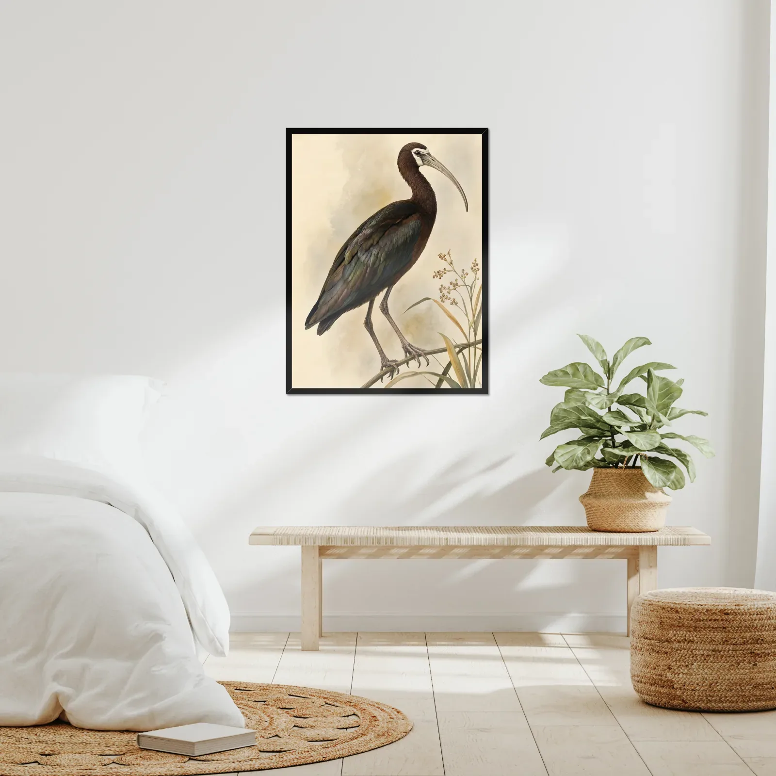 White Faced Ibis Print framed at 24x30 inches, shown on a wall to scale