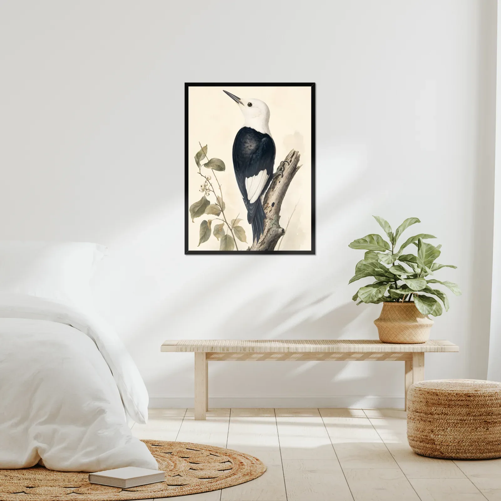 White-headed Woodpecker Print framed at 24x30 inches, shown on a wall to scale