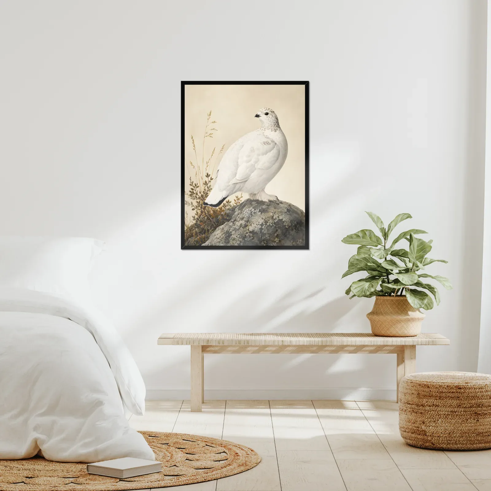 White Tailed Ptarmigan Print framed at 24x30 inches, shown on a wall to scale