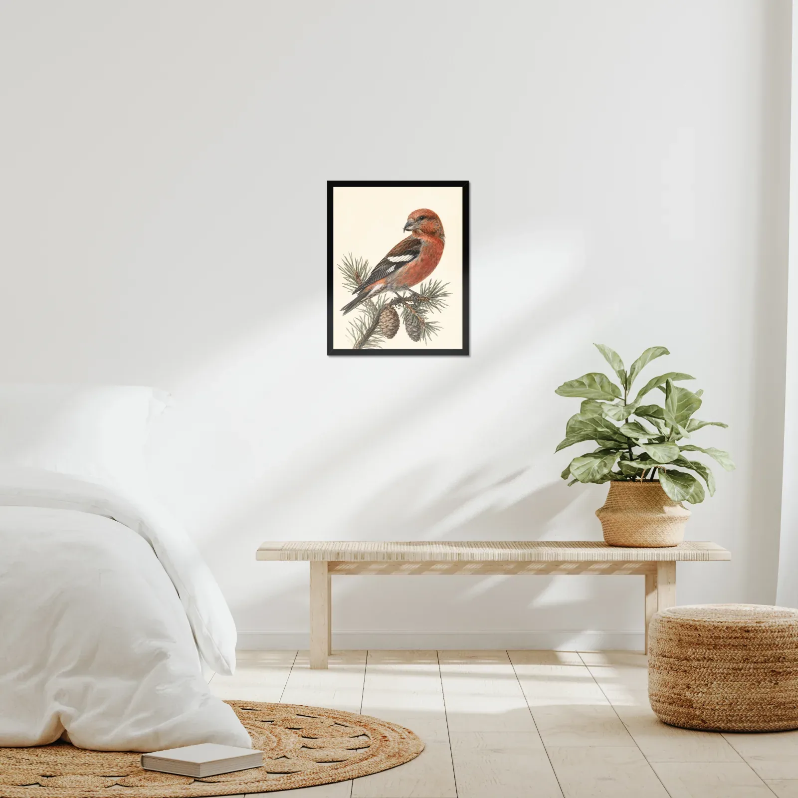 White-winged Crossbill Print framed at 16x20 inches, shown on a wall to scale