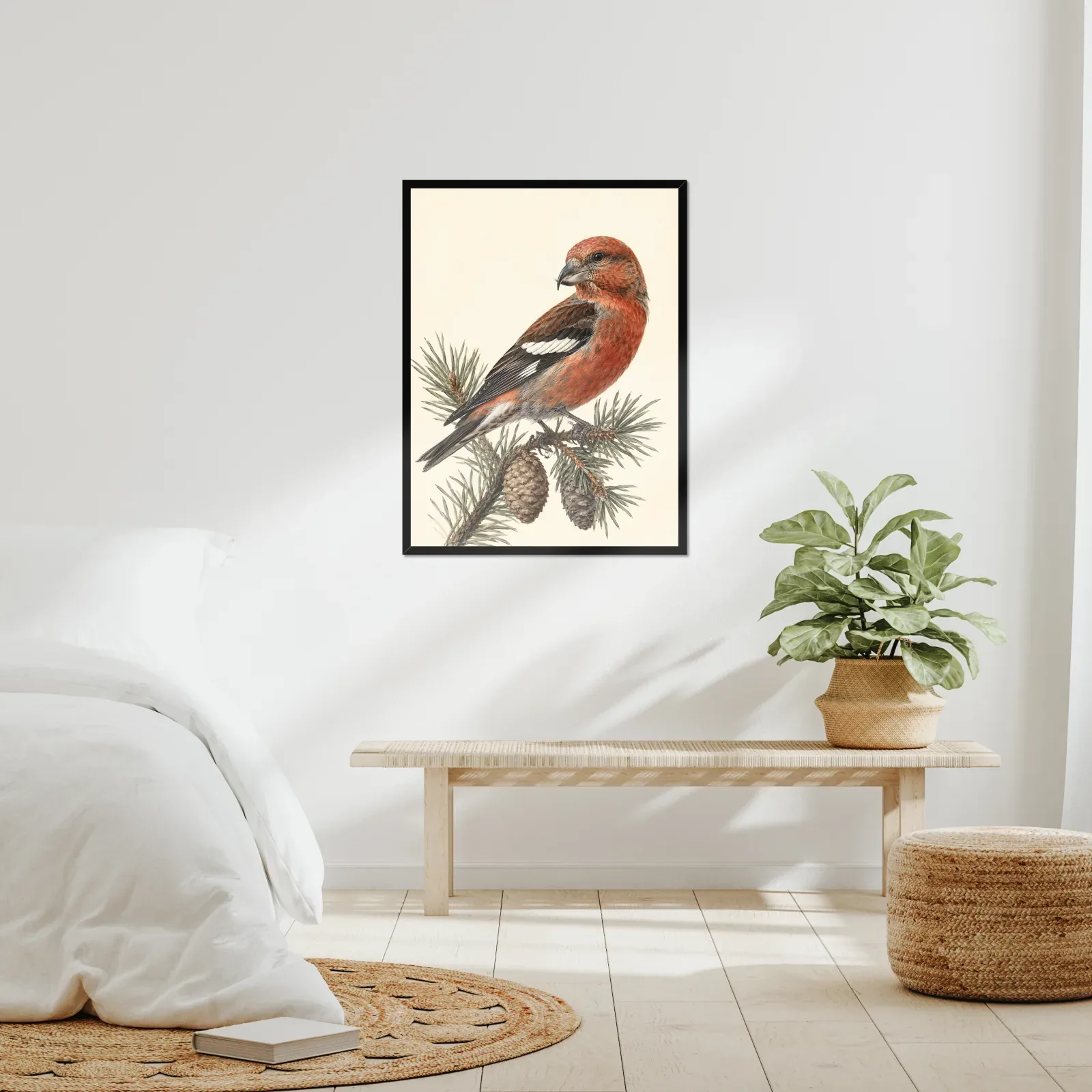White-winged Crossbill Print framed at 24x30 inches, shown on a wall to scale