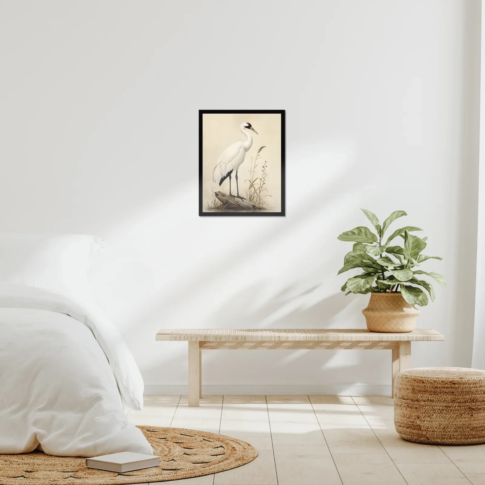 Whooping Crane Print framed at 16x20 inches, shown on a wall to scale