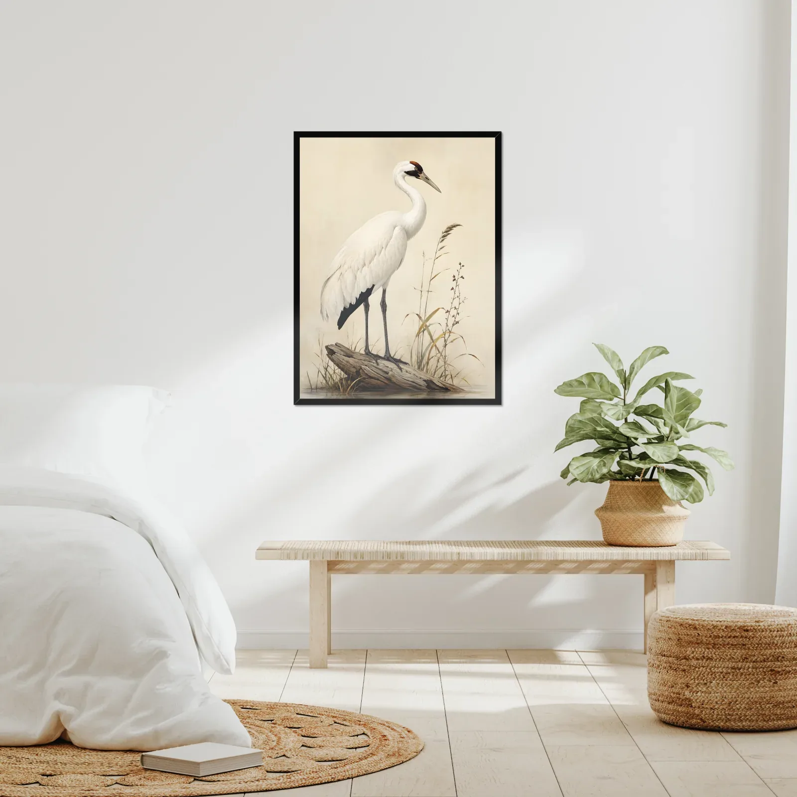 Whooping Crane Print framed at 24x30 inches, shown on a wall to scale