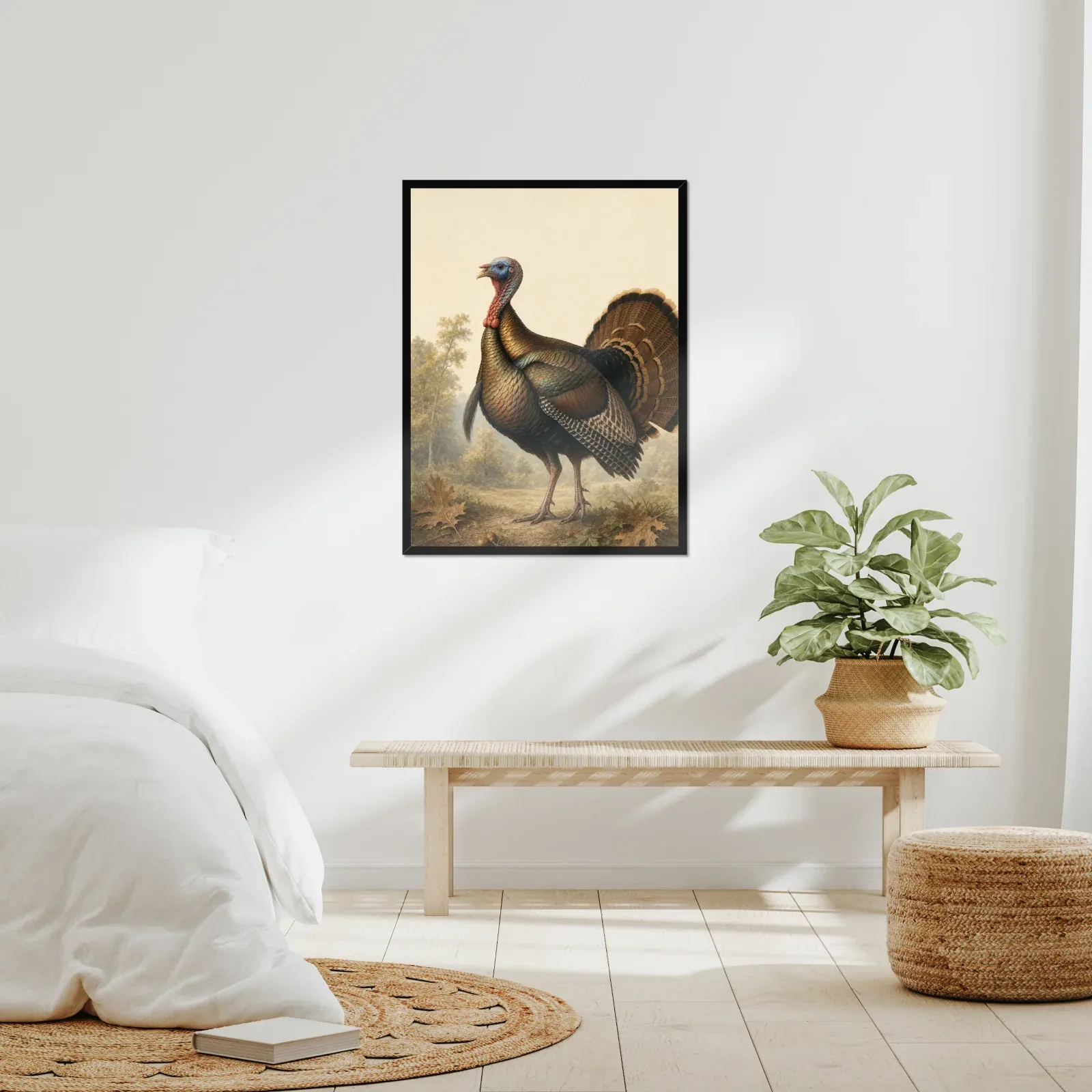 Wild Turkey Print framed at 24x30 inches, shown on a wall to scale