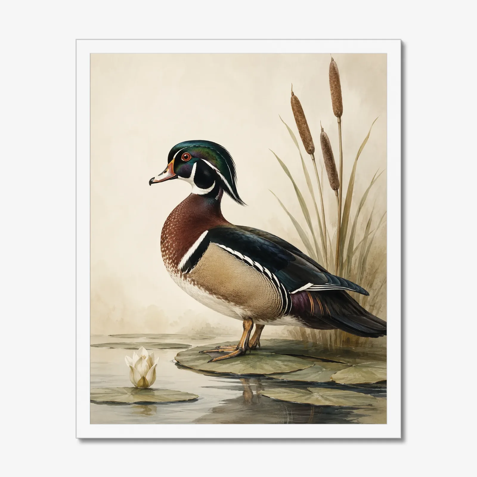 Wood Duck Print in a white frame