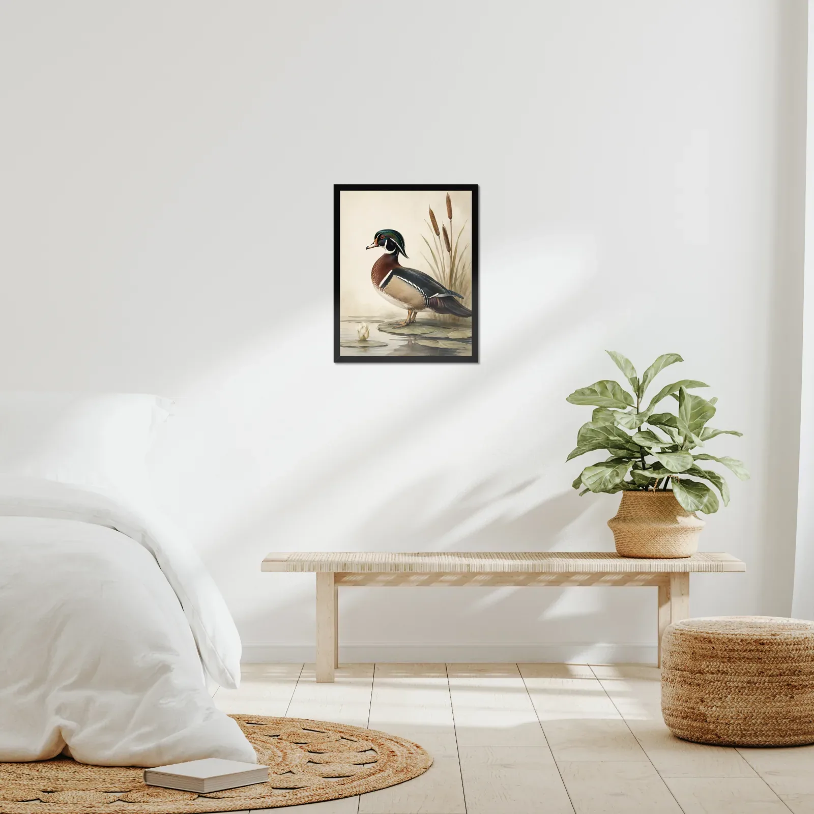 Wood Duck Print framed at 16x20 inches, shown on a wall to scale