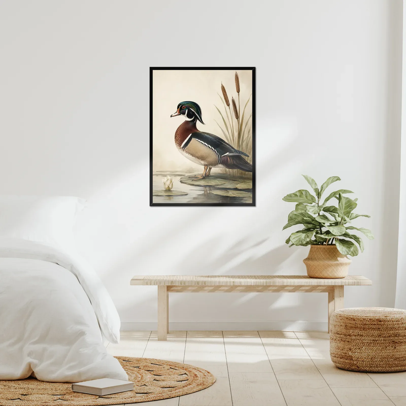 Wood Duck Print framed at 24x30 inches, shown on a wall to scale