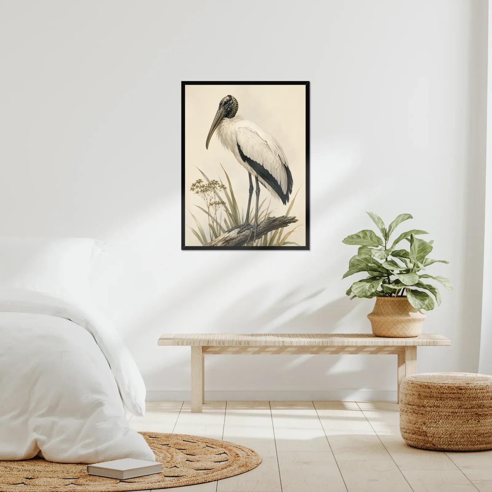 Wood Stork Print framed at 24x30 inches, shown on a wall to scale