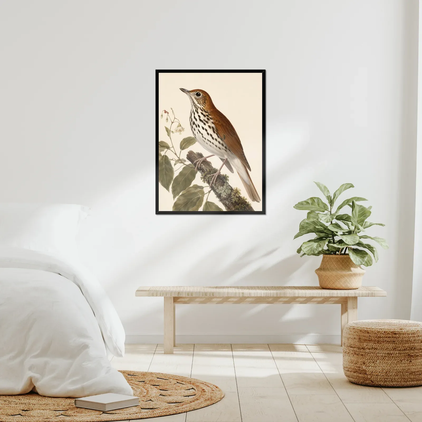 Wood Thrush Print framed at 24x30 inches, shown on a wall to scale