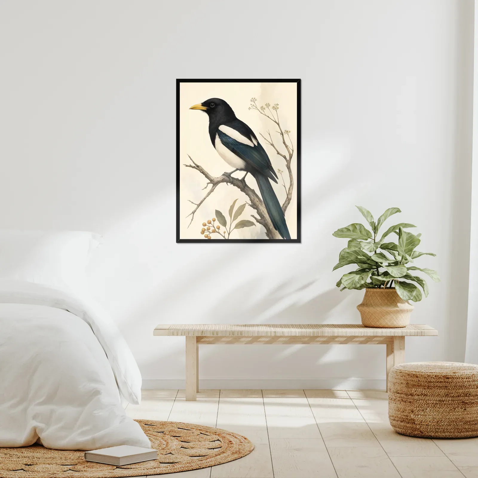 Yellow-billed Magpie Print framed at 24x30 inches, shown on a wall to scale