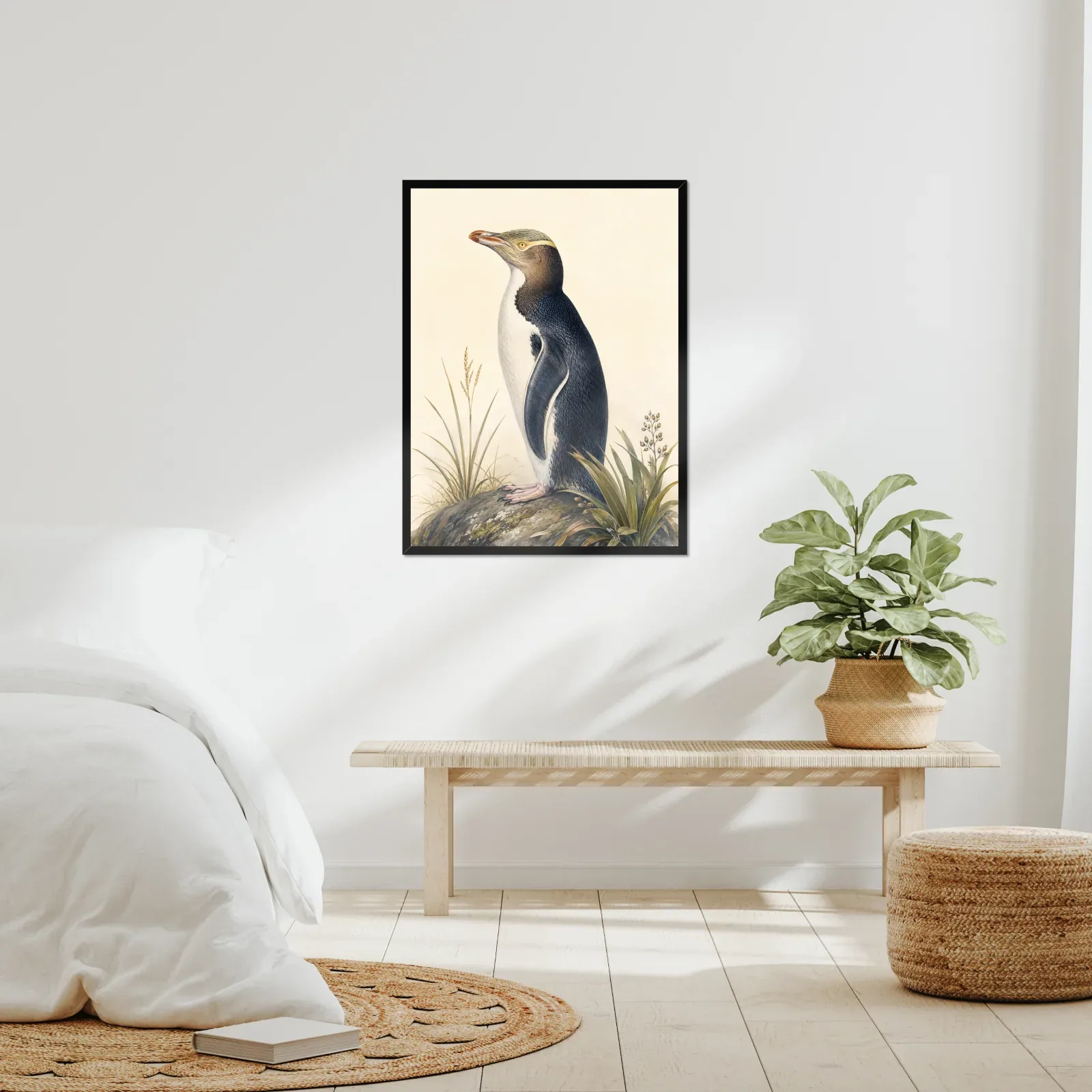 Yellow-eyed Penguin Print framed at 24x30 inches, shown on a wall to scale