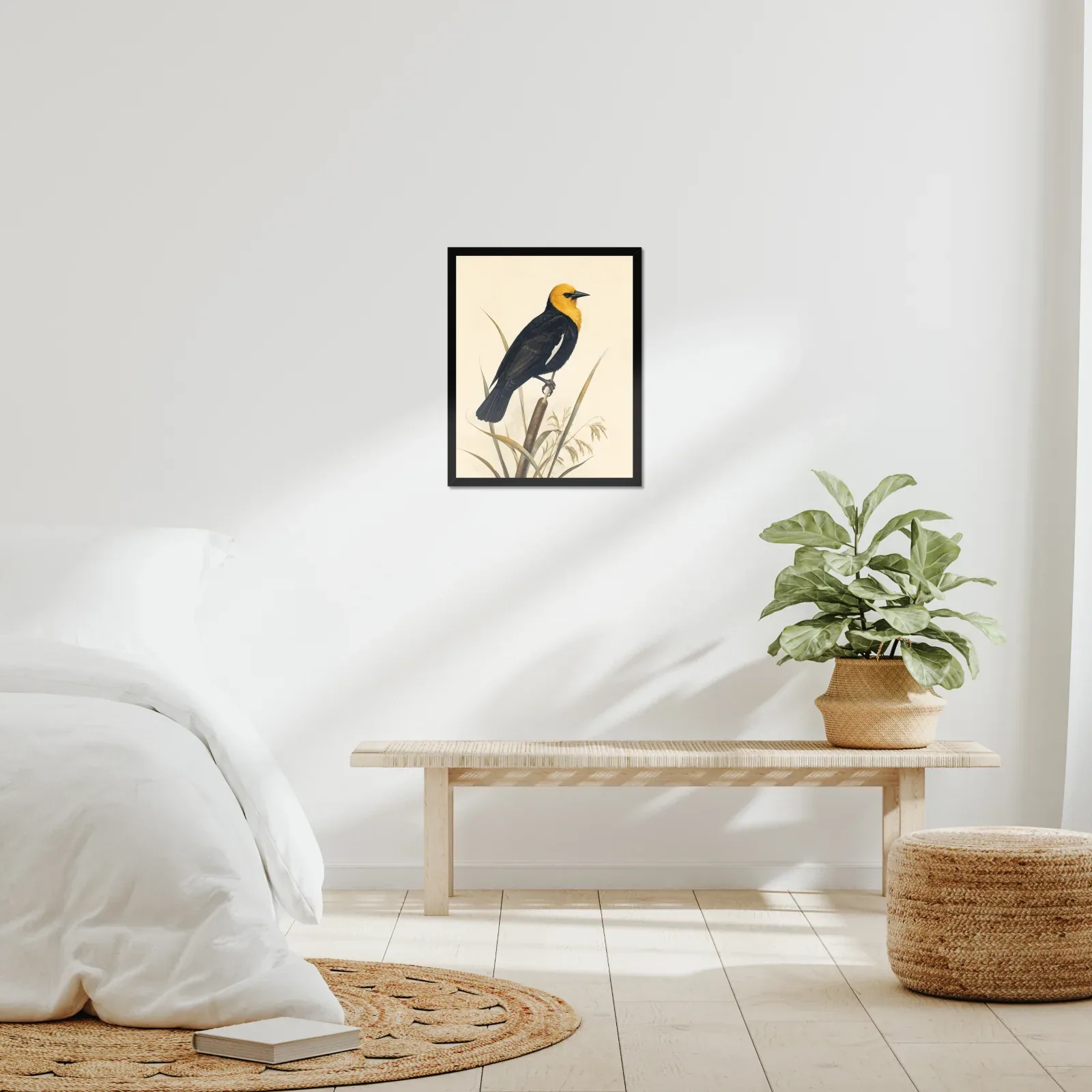 Yellow-headed Blackbird Print framed at 16x20 inches, shown on a wall to scale