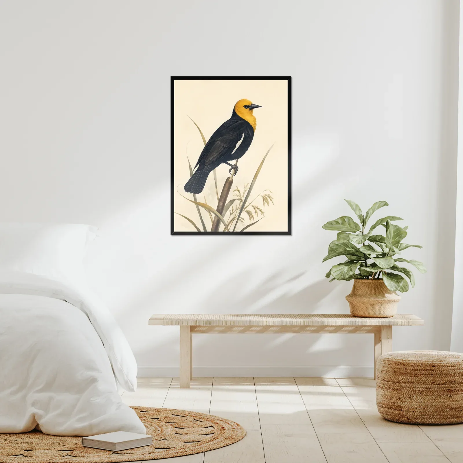 Yellow-headed Blackbird Print framed at 24x30 inches, shown on a wall to scale