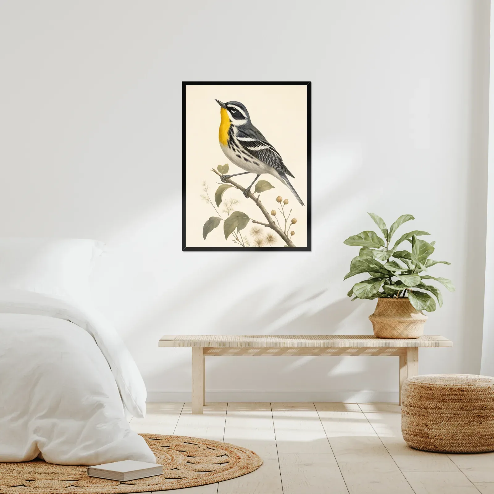 Yellow-throated Warbler Print framed at 24x30 inches, shown on a wall to scale