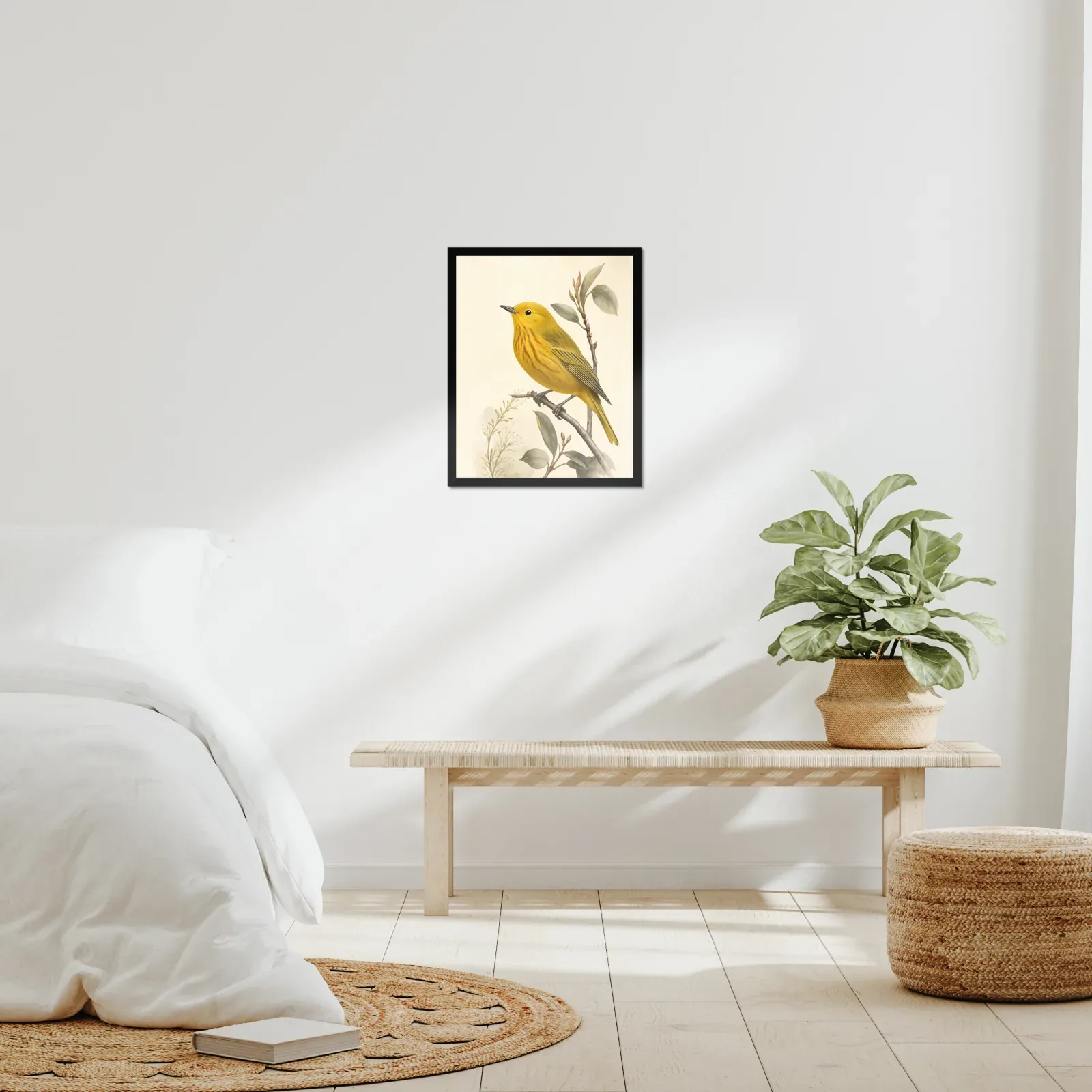 Yellow Warbler Print framed at 16x20 inches, shown on a wall to scale