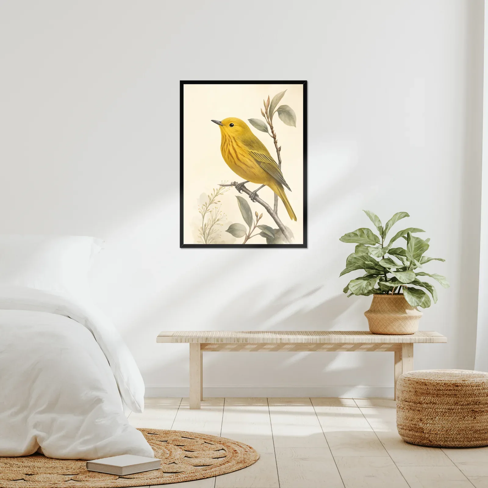 Yellow Warbler Print framed at 24x30 inches, shown on a wall to scale