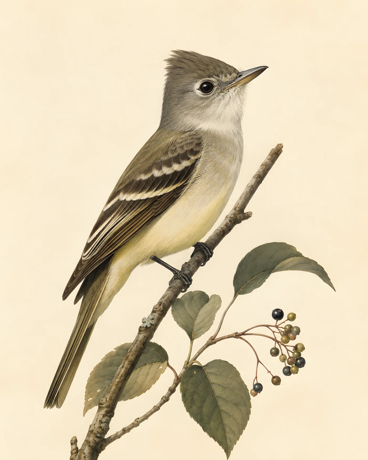 Fine-art Acadian Flycatcher print in the Audubon style