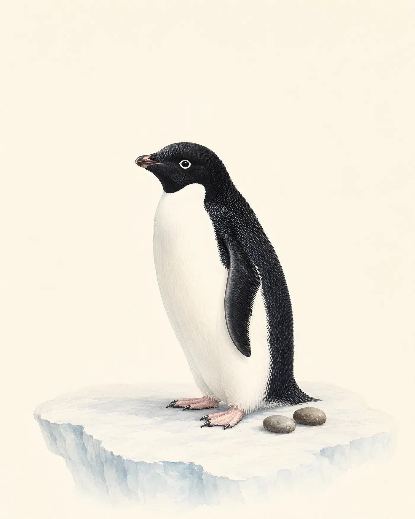 Fine-art print of an Adelie Penguin on Antarctic ice, the all-black head and white eye-ring rendered in the Audubon style
