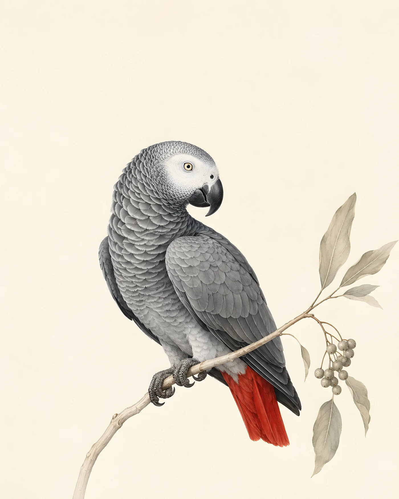 Fine-art print of an African Grey Parrot perched on a branch, scalloped grey plumage, pale bare face and scarlet tail, in the Audubon style