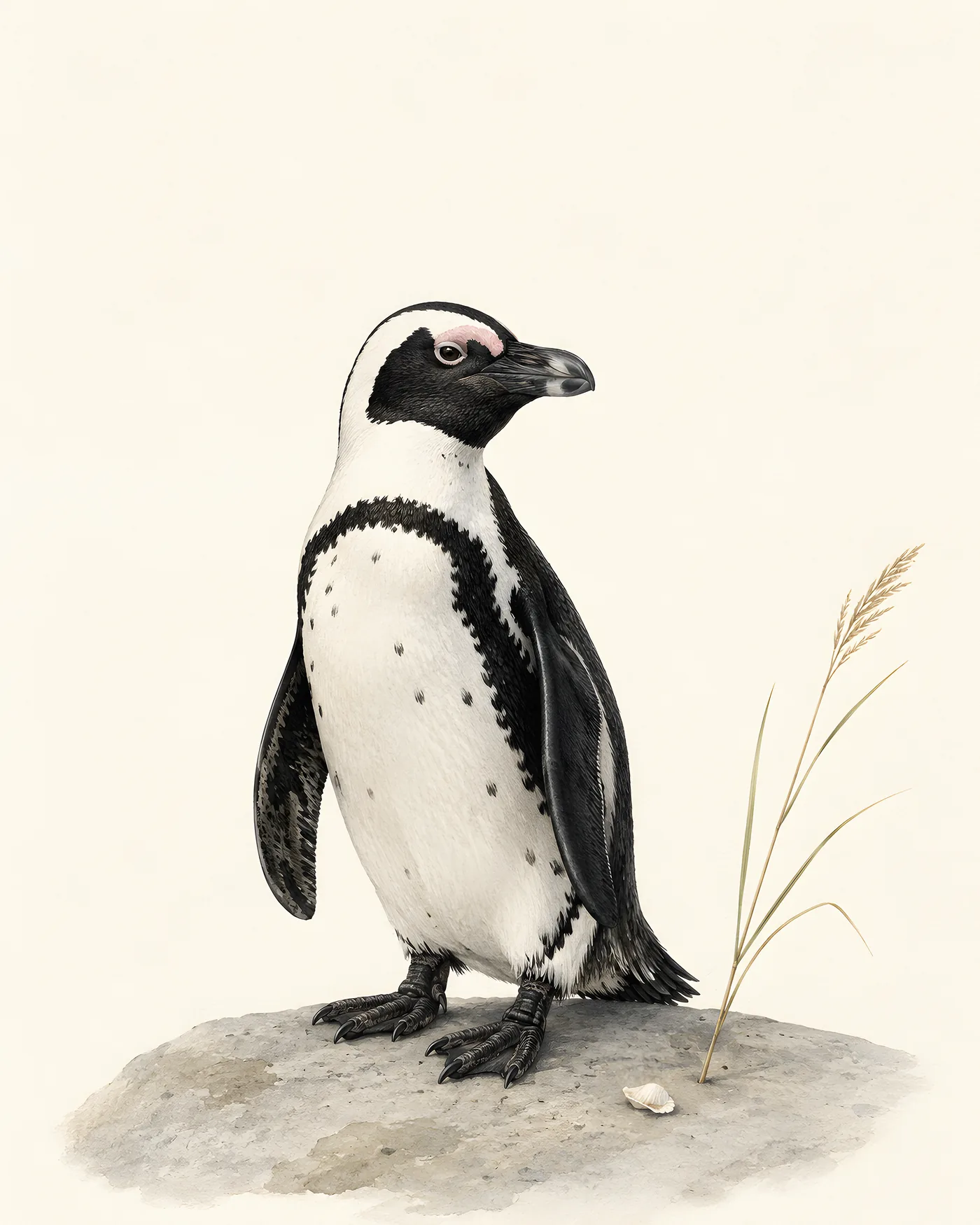 Fine-art print of an African Penguin on a warm shore, the black chest band and pink eye-patch rendered in the Audubon style