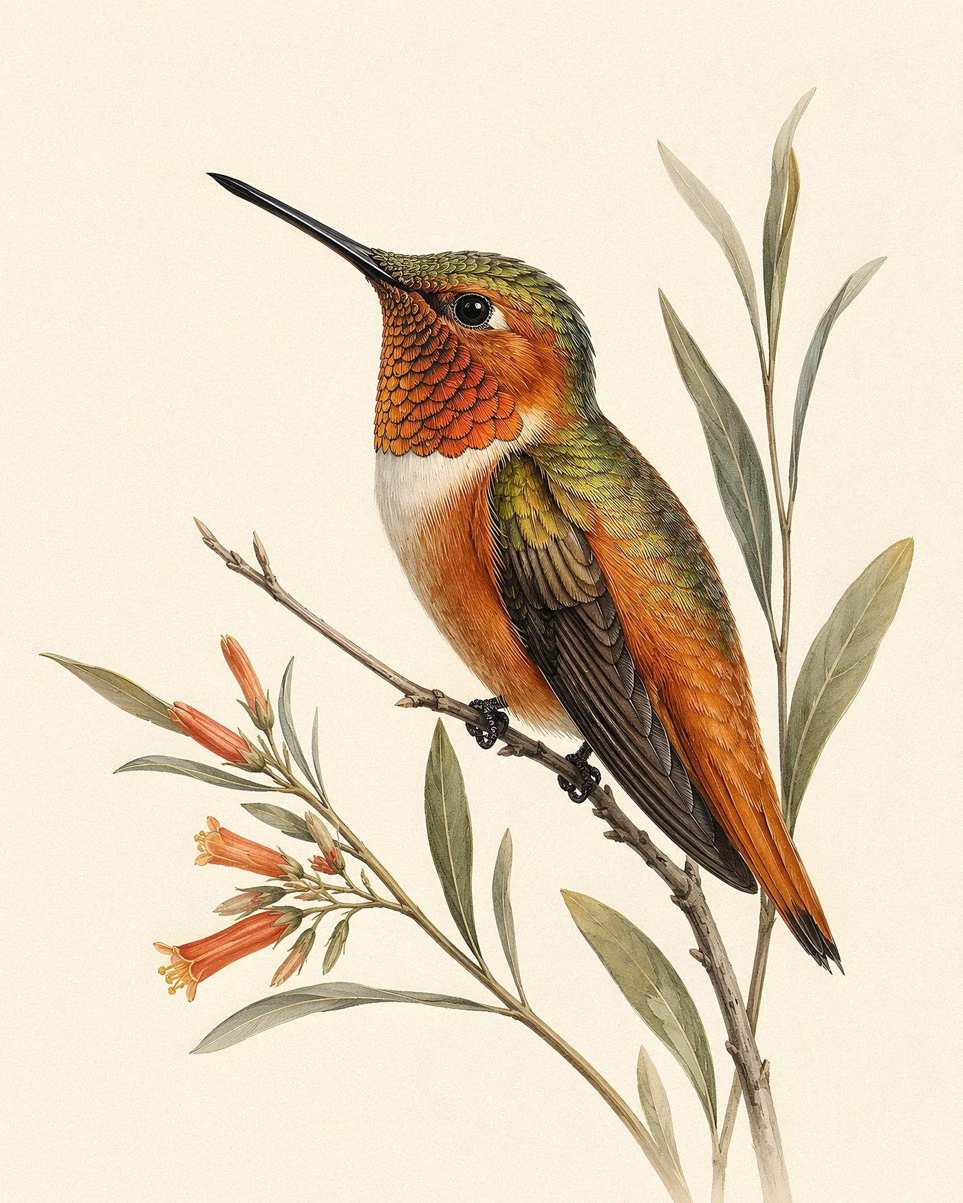 Fine-art print of a male Allen's Hummingbird with deep orange-red gorget and rufous-orange body hovering at a flower, Audubon style