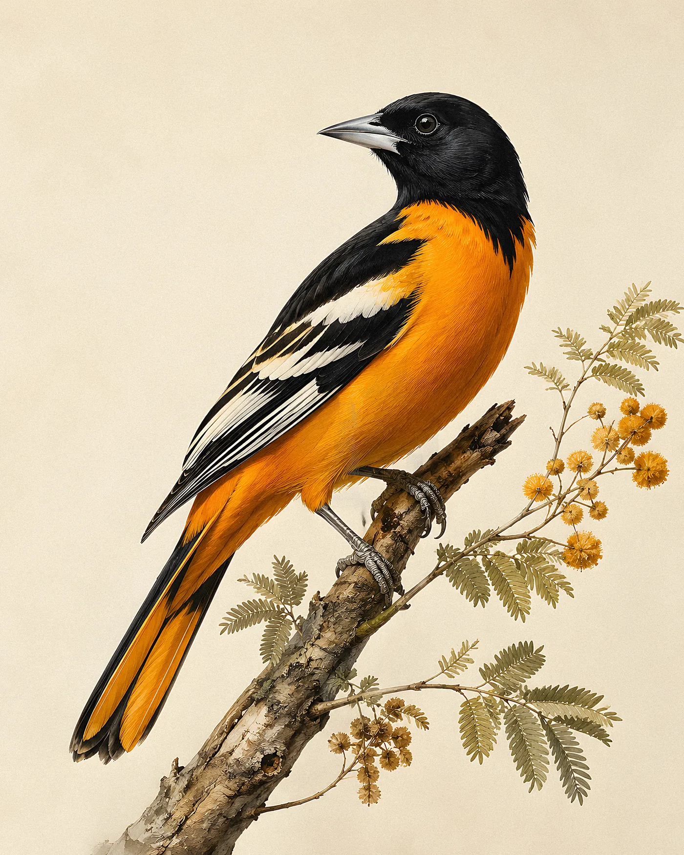 Fine-art print of an Altamira Oriole in brilliant orange with black mask and back hanging from a branch in the Rio Grande style, Audubon