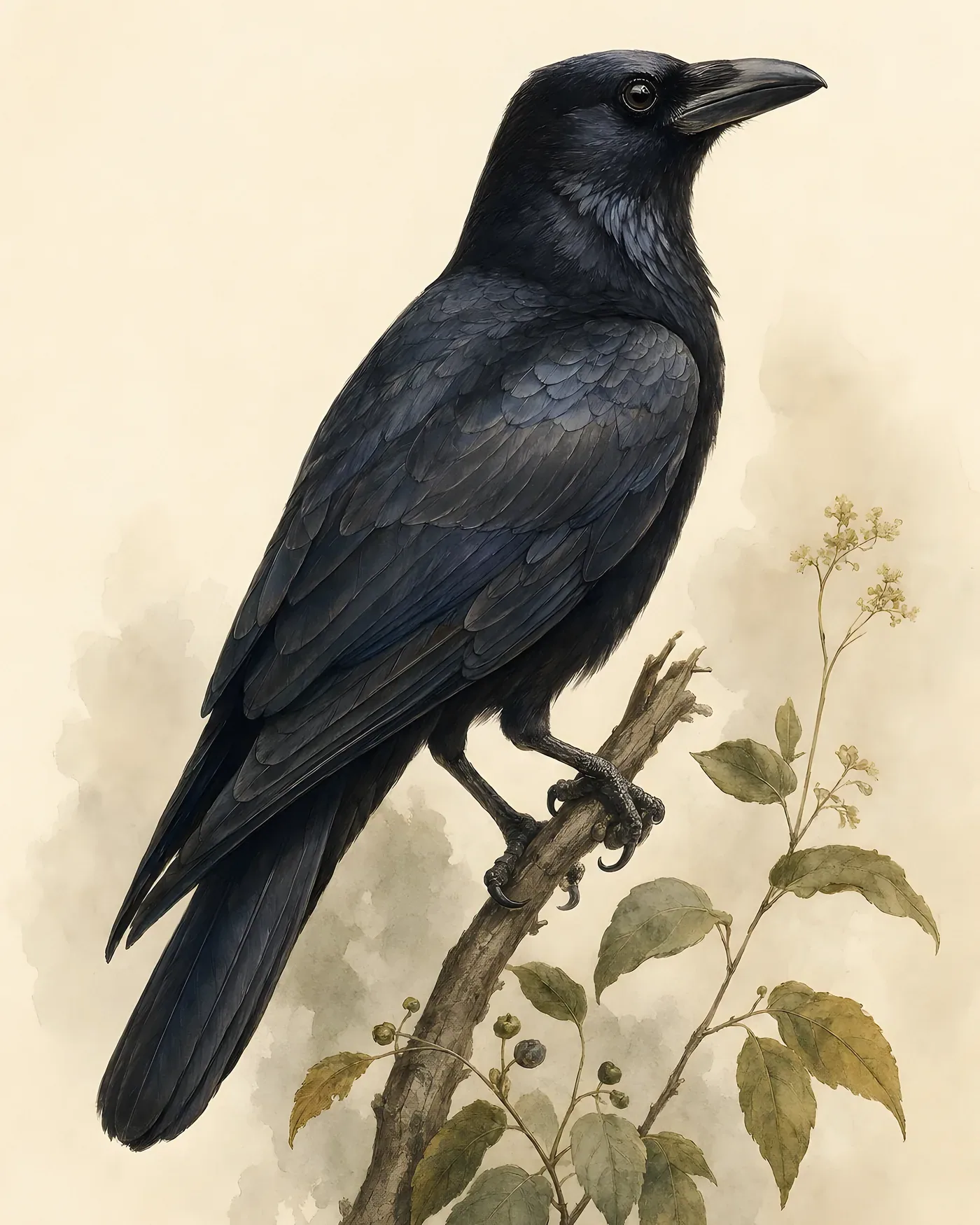 American Crow Print, glossy black corvid, in a contemporary Audubon-inspired natural-history style