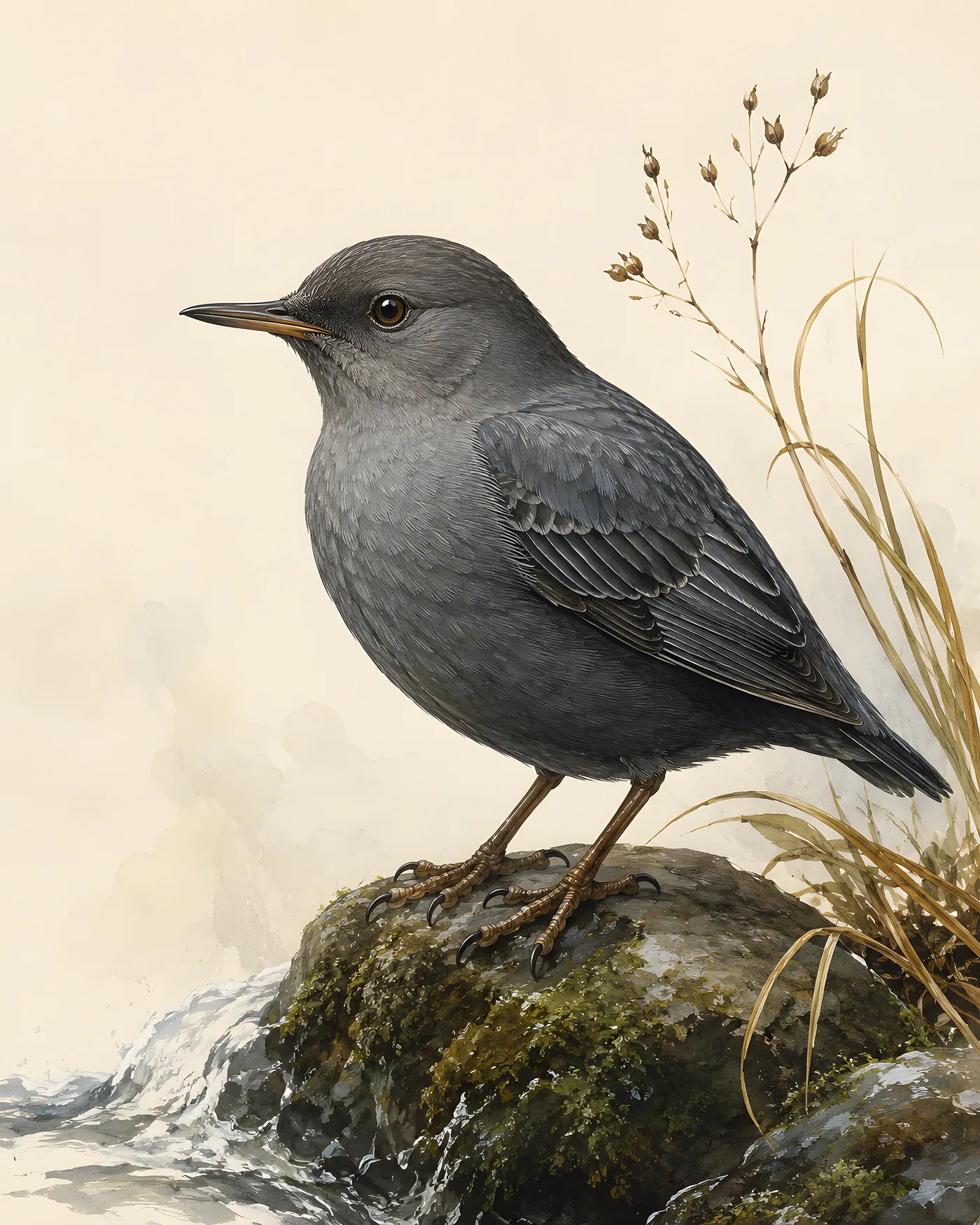 Fine-art American Dipper print in the Audubon style