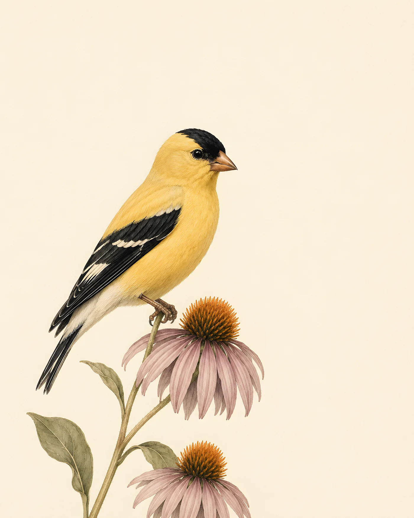 Audubon-style fine-art print of an American Goldfinch perched on a purple coneflower