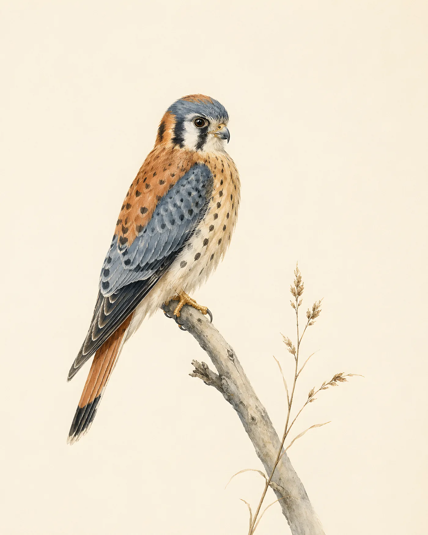 American Kestrel male perched on a wire, wings half-raised, in the Audubon style