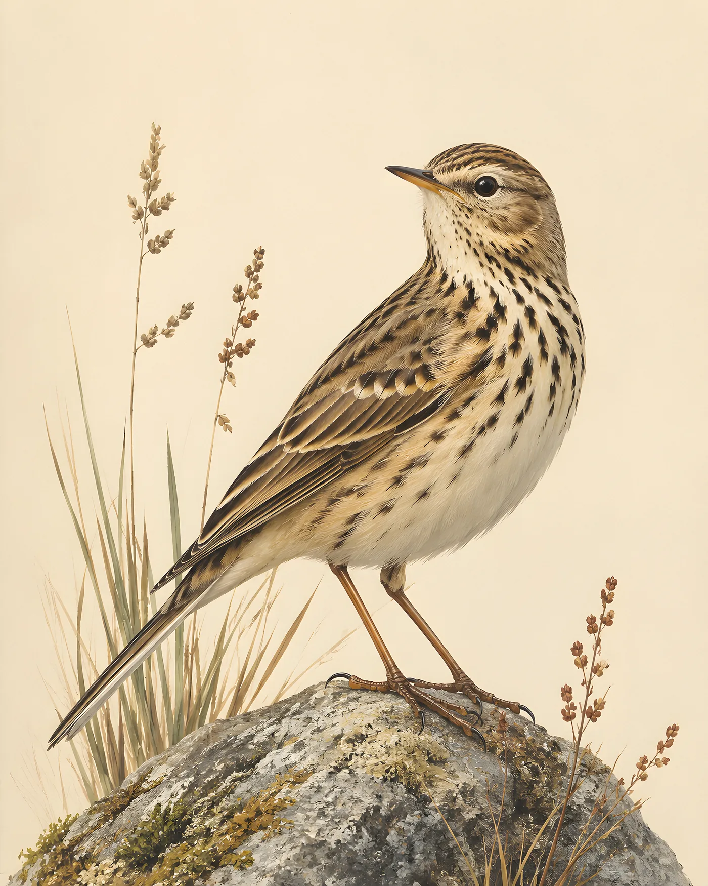 Fine-art American Pipit print in a contemporary Audubon-inspired style