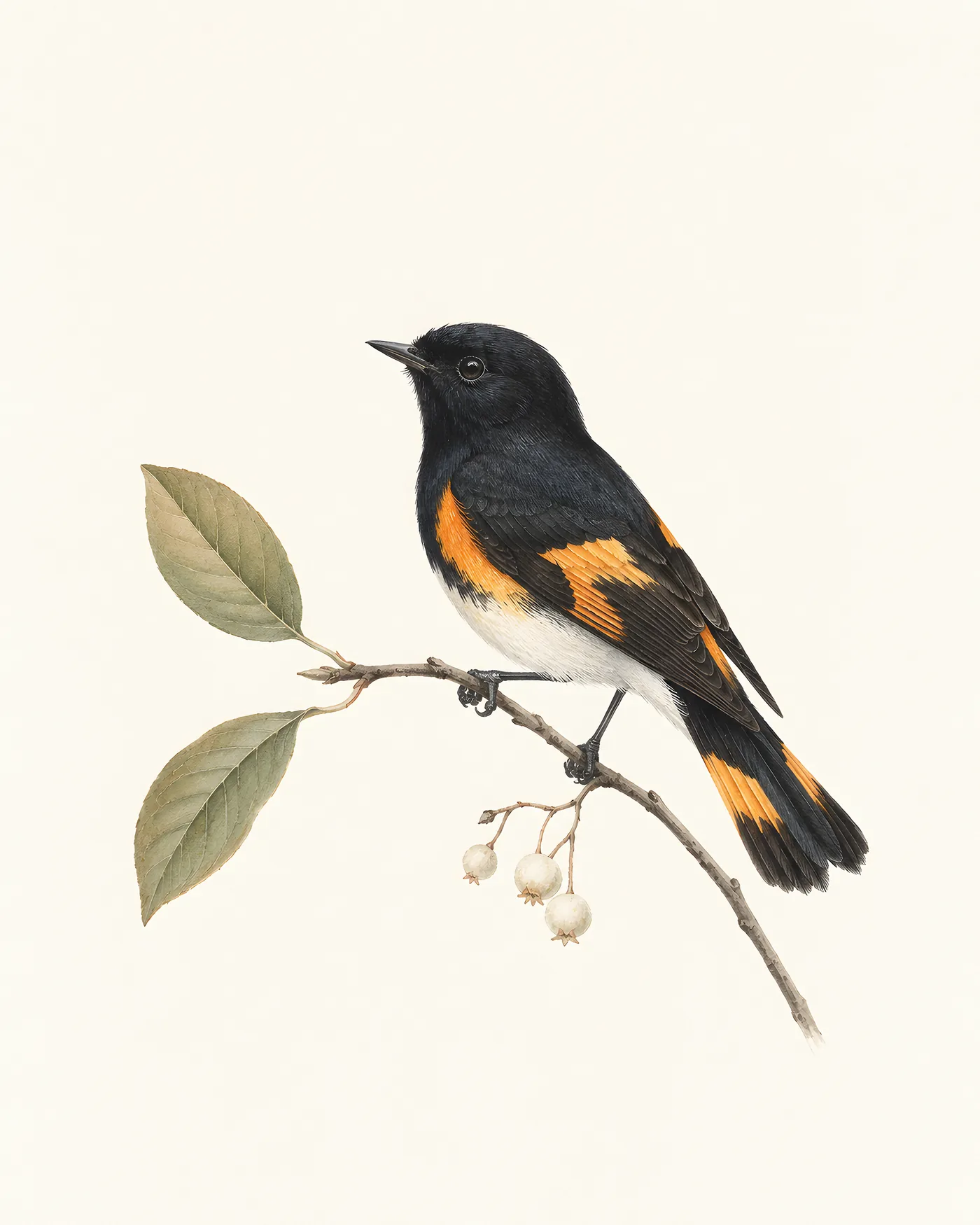Fine-art American Redstart print rendered in a contemporary Audubon-inspired natural-history style with a soft paper-grain finish