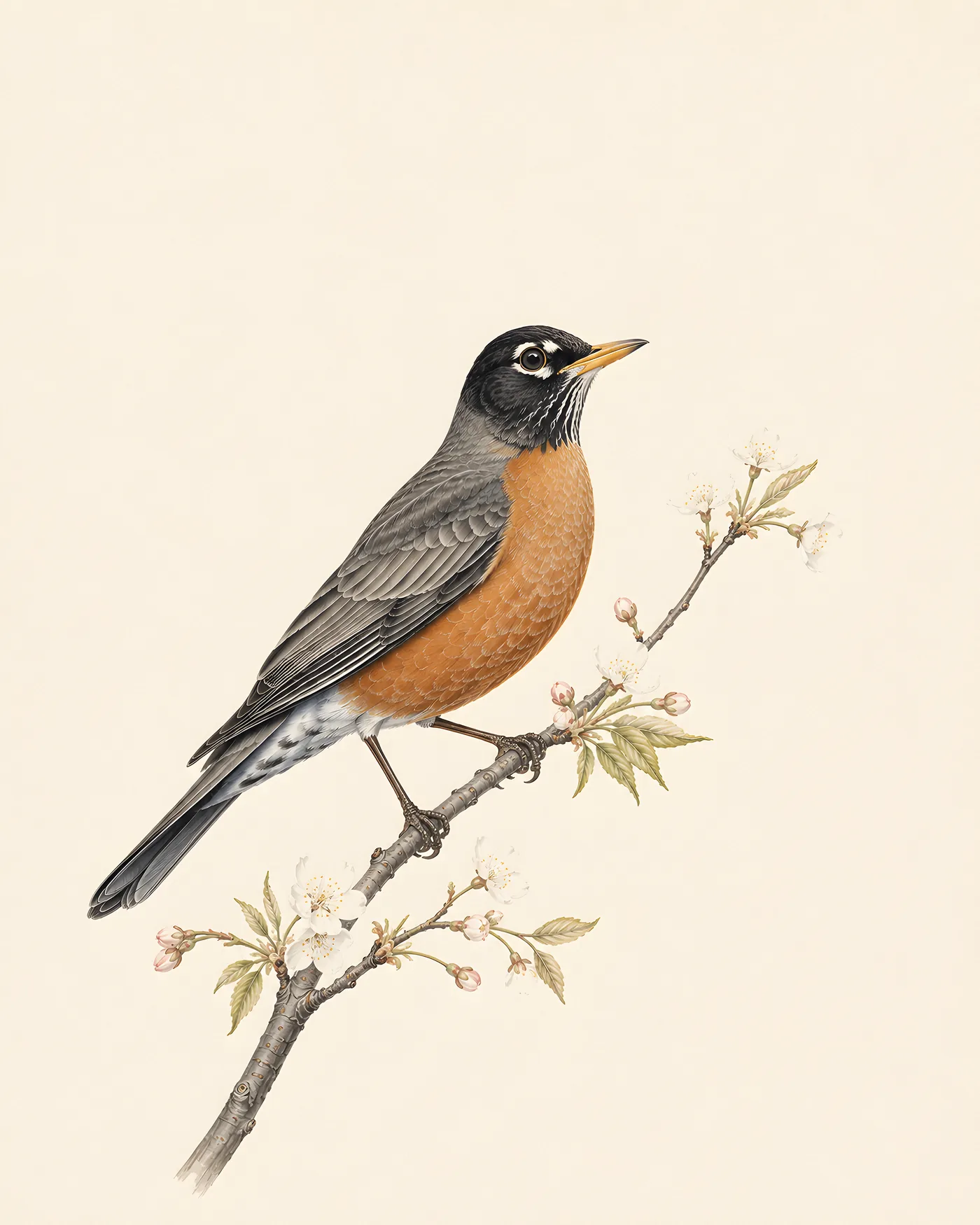 Audubon-style fine-art print of an American Robin perched on a flowering spring branch