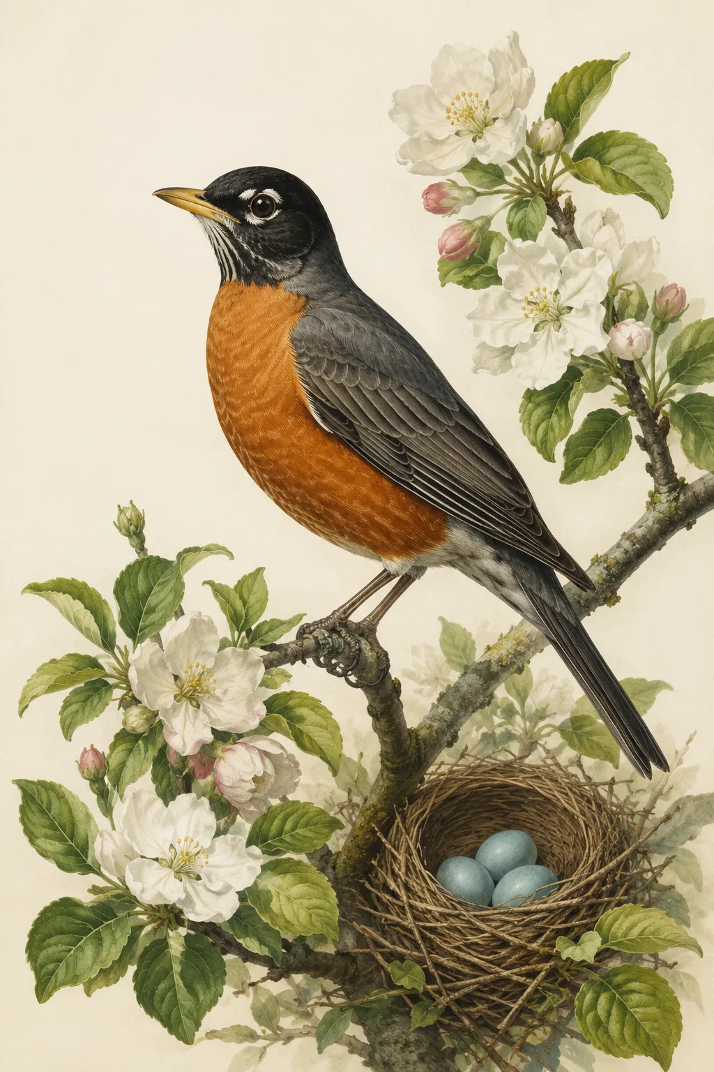 Fine-art plate of an American Robin with rusty-orange breast perched on a branch, in the Audubon style