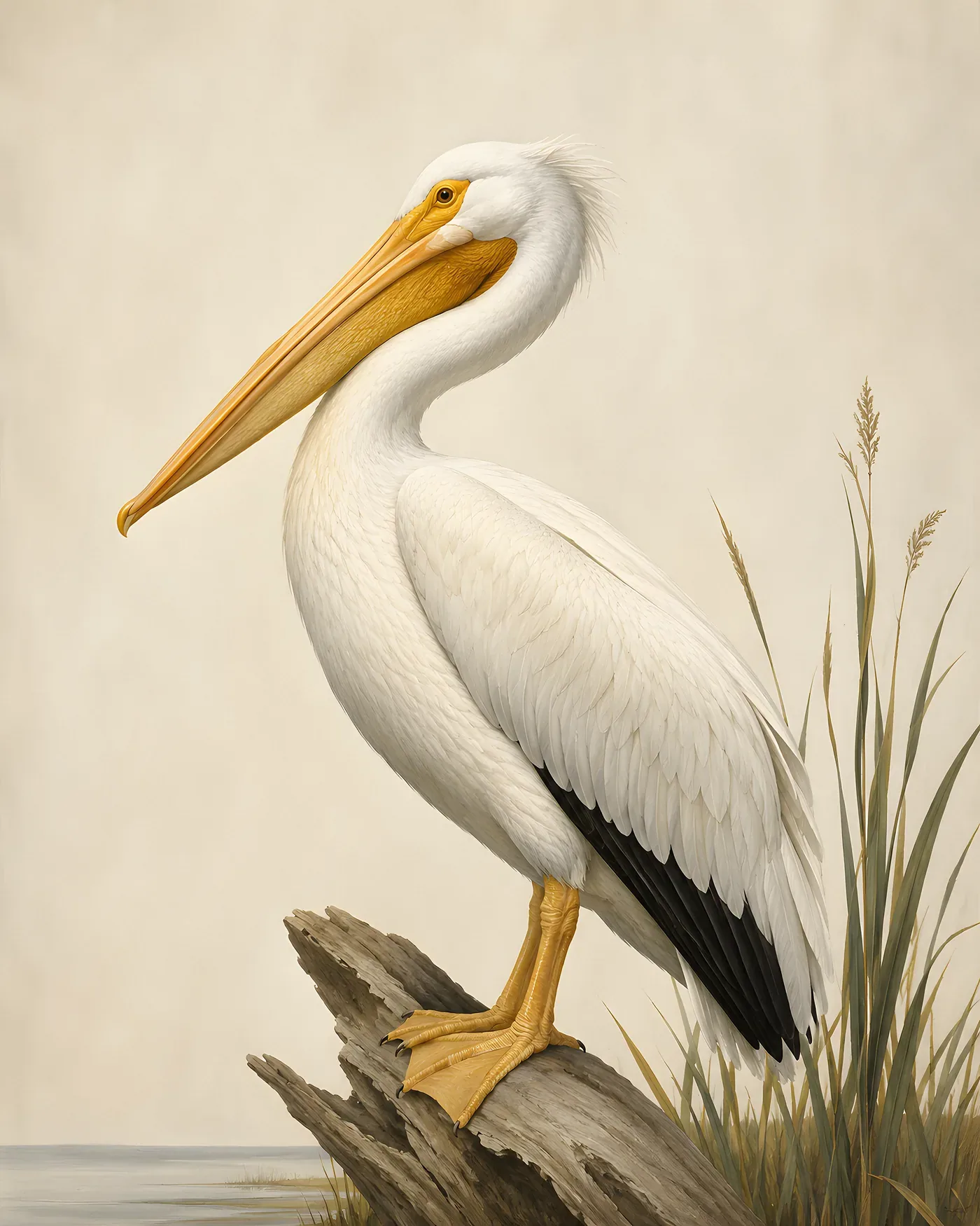 Fine-art American White Pelican print in the Audubon style