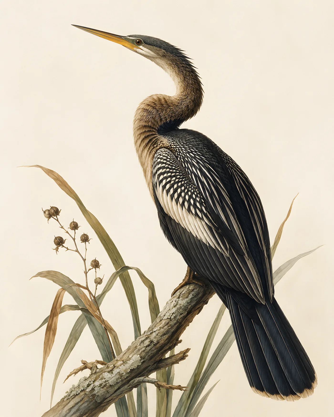 Fine-art Anhinga print in the Audubon style