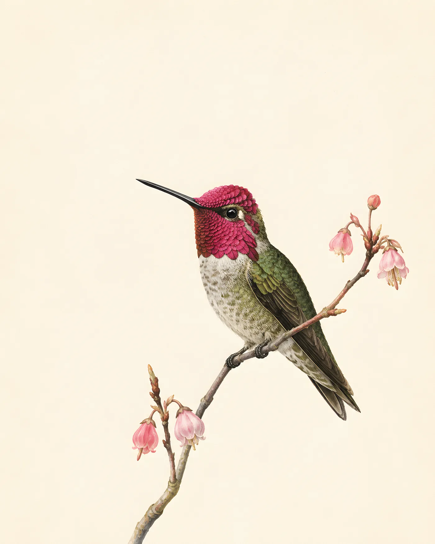 Fine-art print of a perched male Anna's Hummingbird in the Audubon style