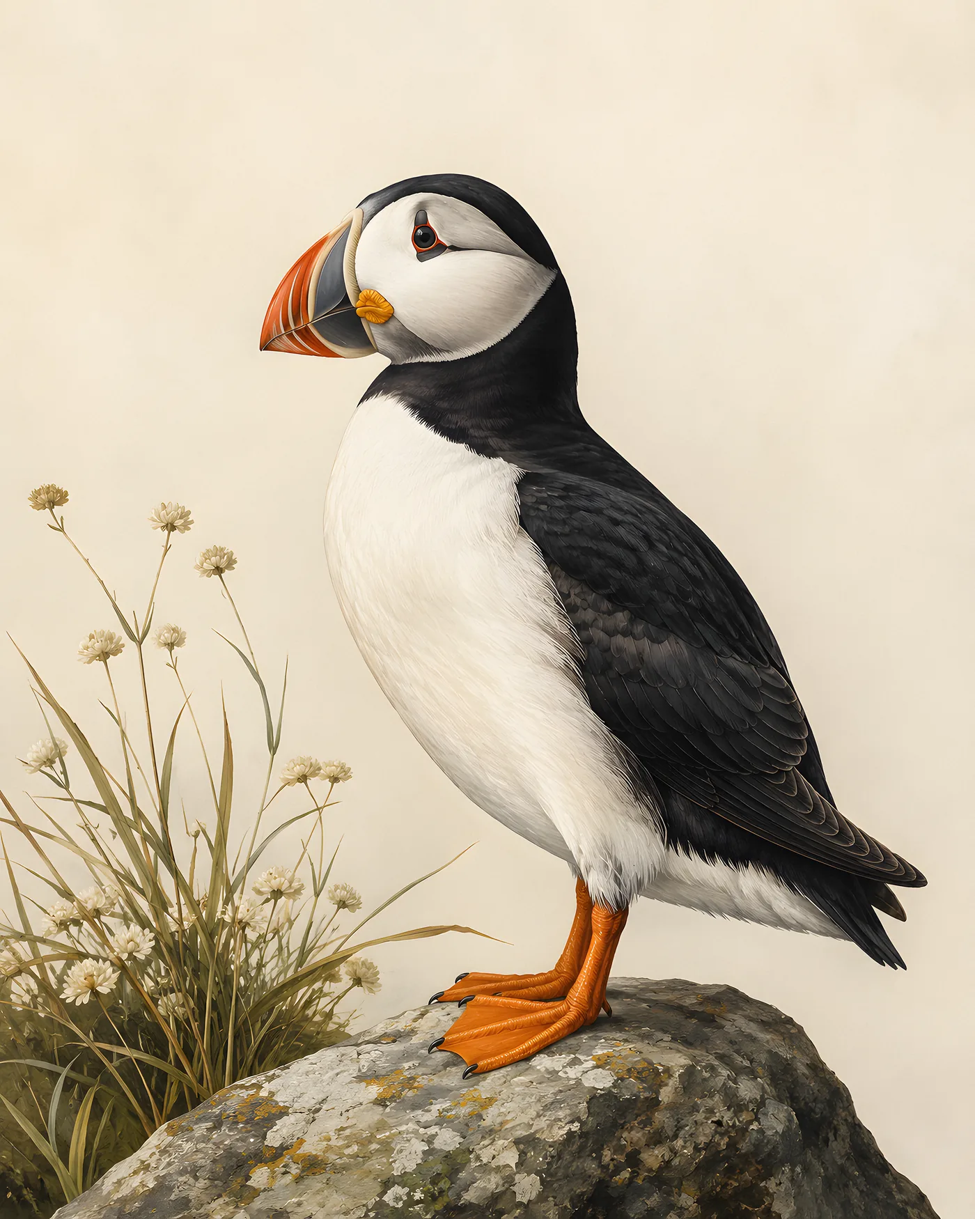 Fine-art Atlantic Puffin print in a contemporary Audubon-inspired natural-history style
