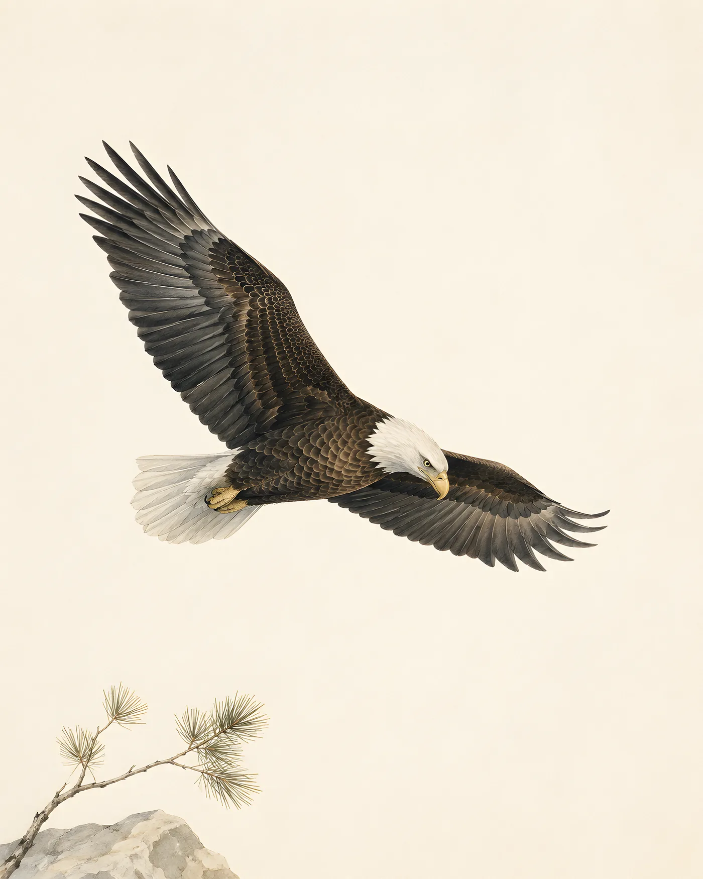 Audubon-style fine-art print of a Bald Eagle in flight, wings spread wide