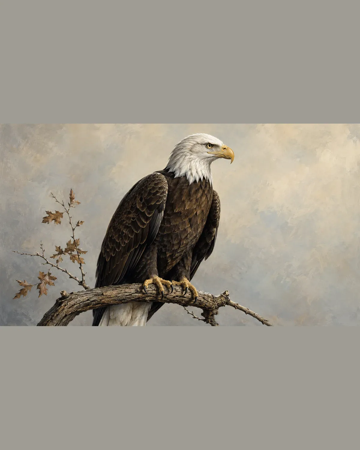 Fine-art plate of a Bald Eagle in portrait, heavy hooked bill and hooded eye, in the Audubon style