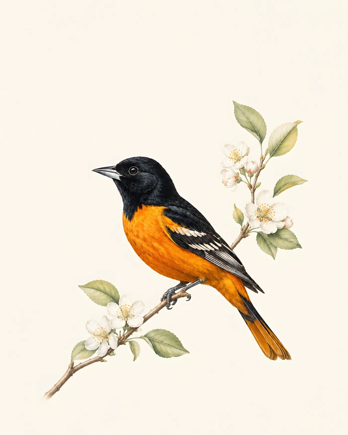 Audubon-style fine-art print of a Baltimore Oriole perched on a flowering blossom branch