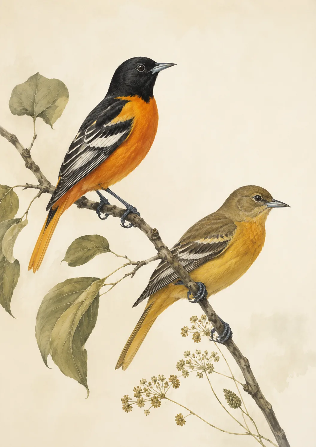 Fine-art plate of a male Baltimore Oriole in the Audubon style, flame-orange breast and solid black head among new spring leaves