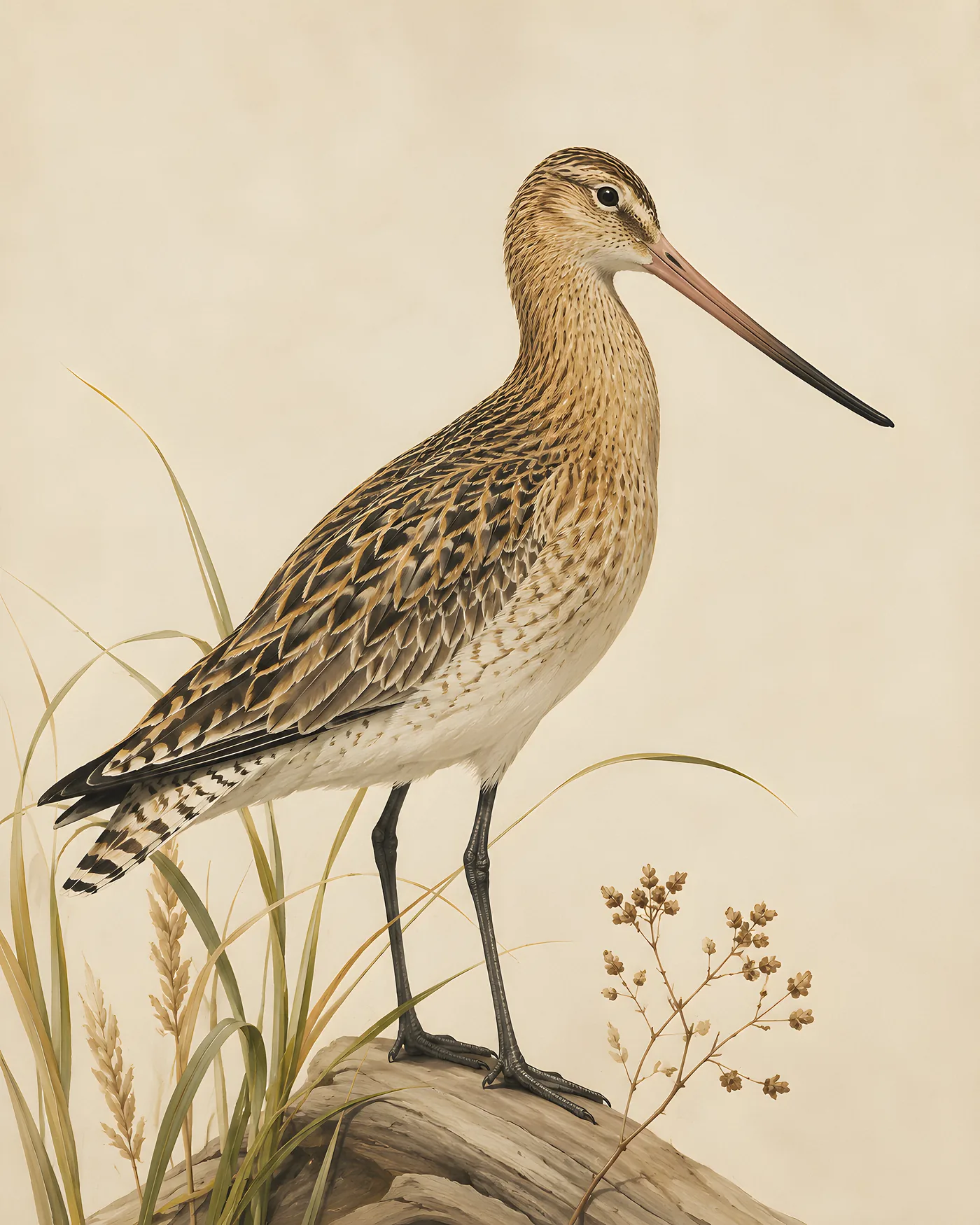 Fine-art Bar-tailed Godwit print in a contemporary Audubon-inspired natural-history style