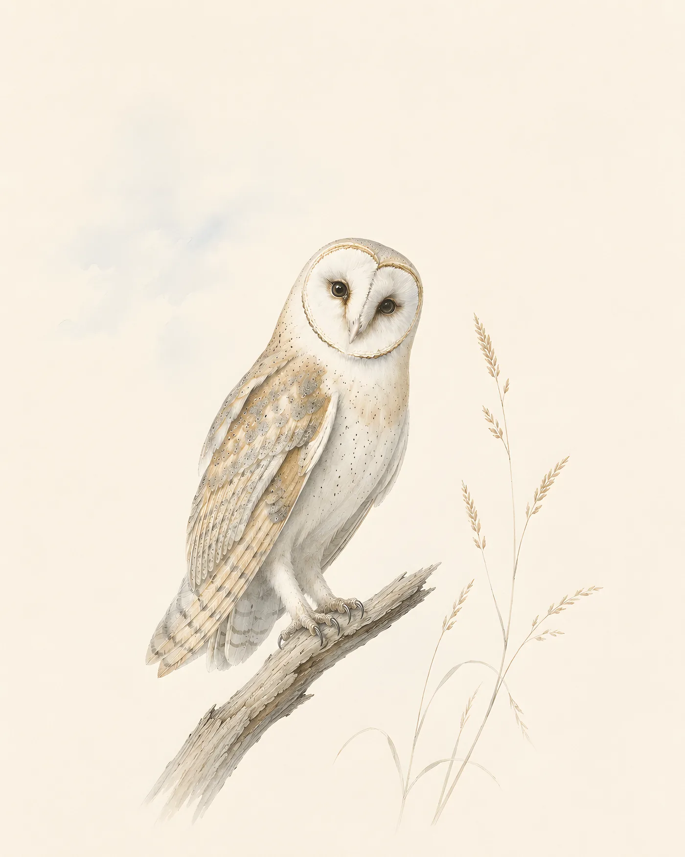 Audubon-style fine-art print of a Barn Owl perched in pale moonlight