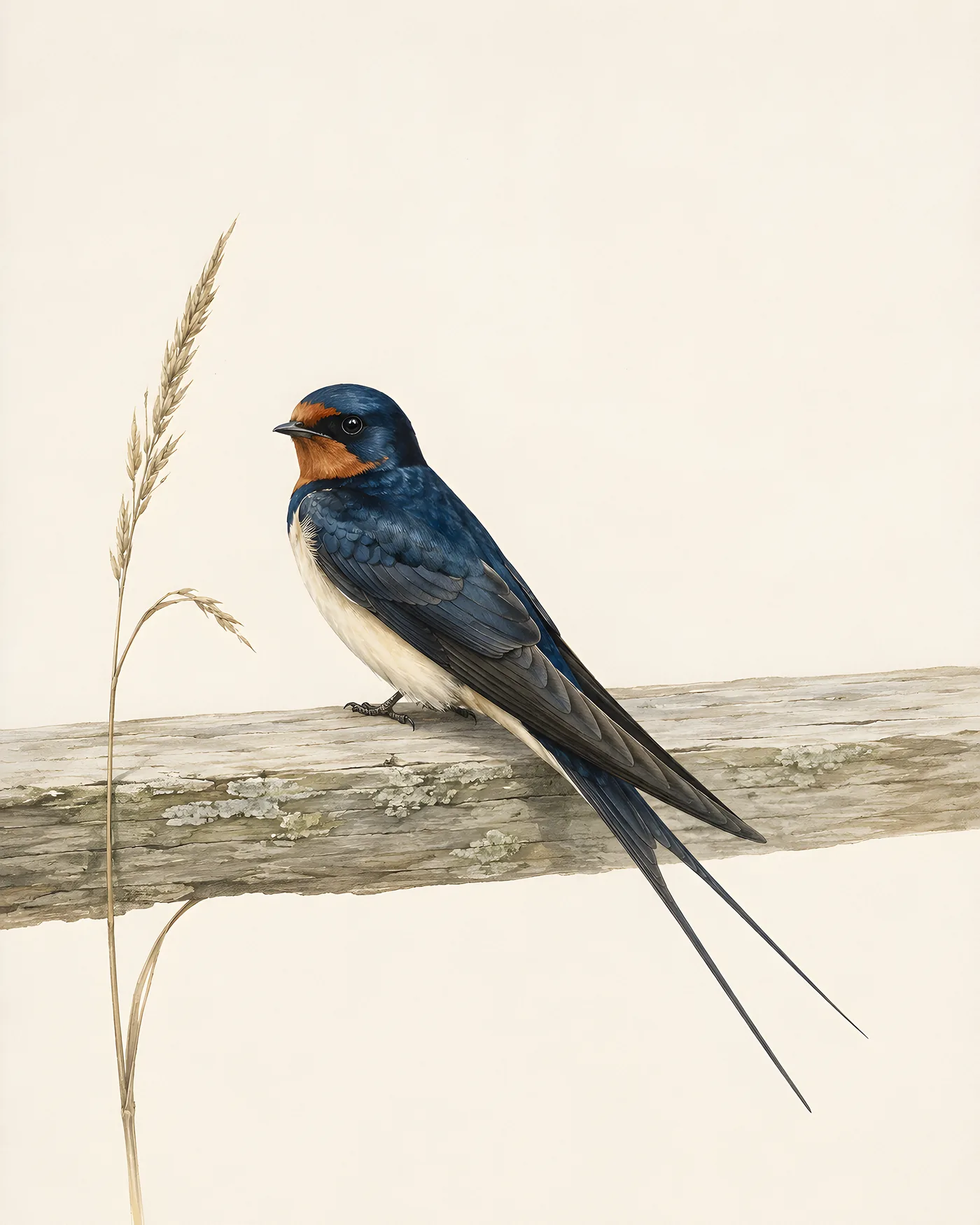 Barn Swallow banking in flight, deeply forked tail spread, in the Audubon style