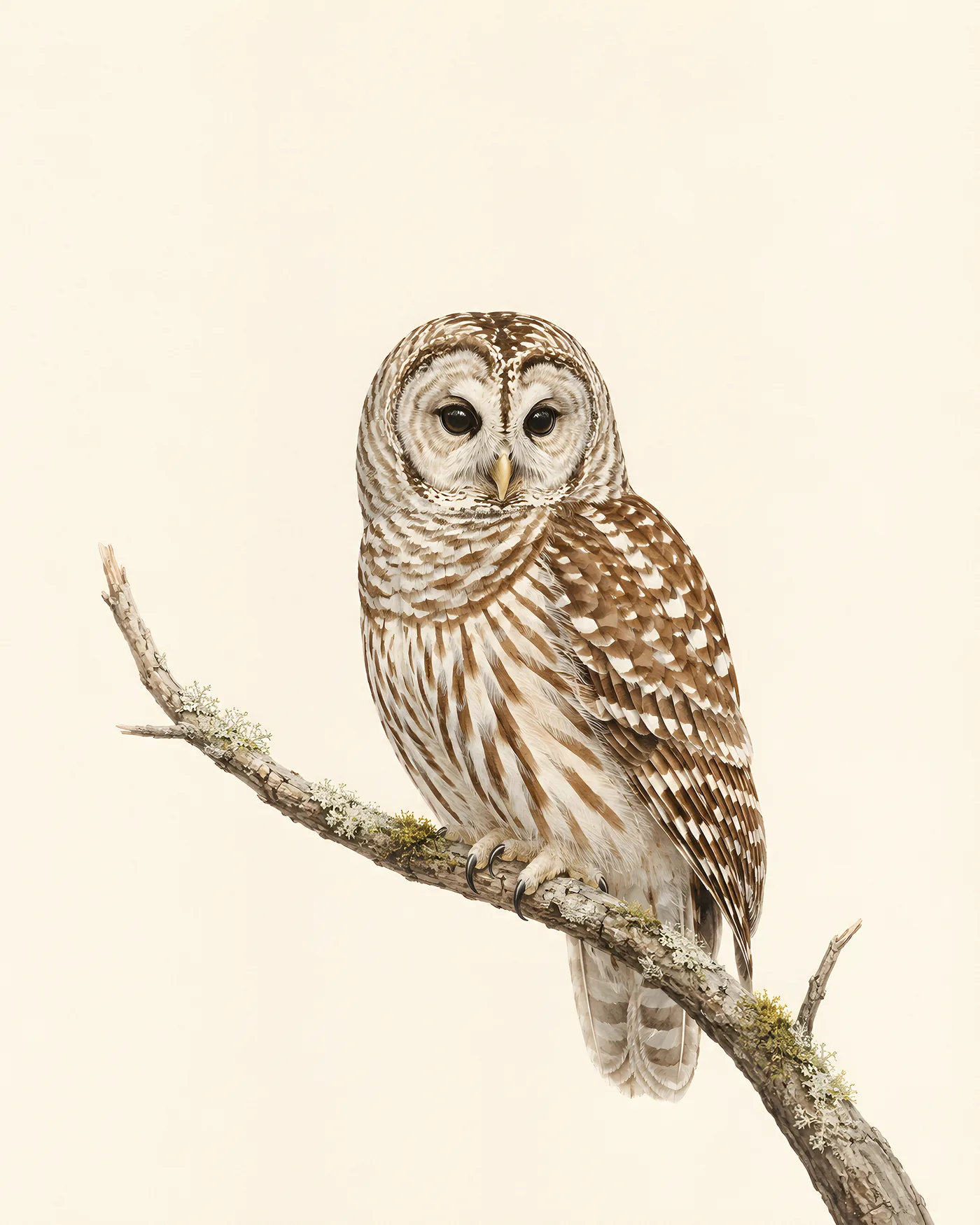 Audubon-style fine-art print of a Barred Owl perched on a mossy oak branch